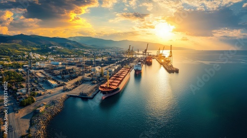 Aerial panoramic photo of industrial shipyard of Perama and Drapetsona cargo Terminal near Salamina island, Attica, Greece with generative ai photo