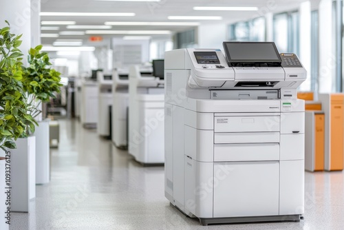 A modern office space featuring multiple printers and copiers, with a clean, bright design and greenery to enhance the environment.