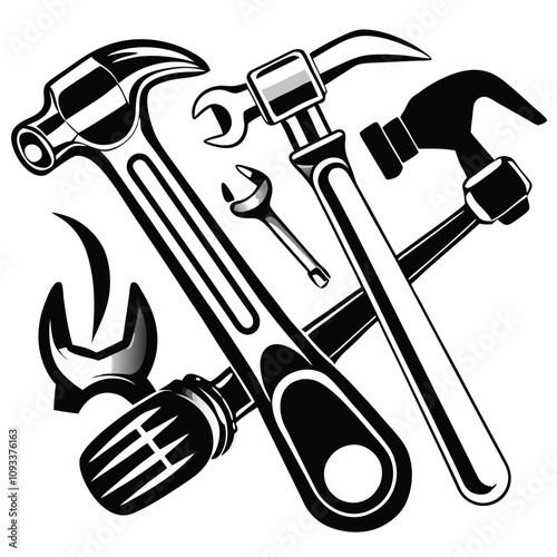 Tools wrenches, hammers silhouette vector illustration Isolated white background.