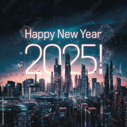 a poster for happy new year with a city in the background.