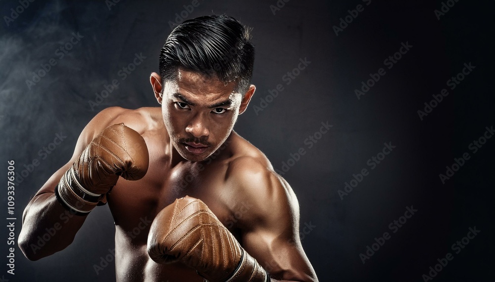 Obraz premium A portrait of a Muay Thai fighter; a mixed martial artist in practice and training; lean and muscular boxer or fighter posing in the studio with lighting; sports photography; boxer with boxing gloves