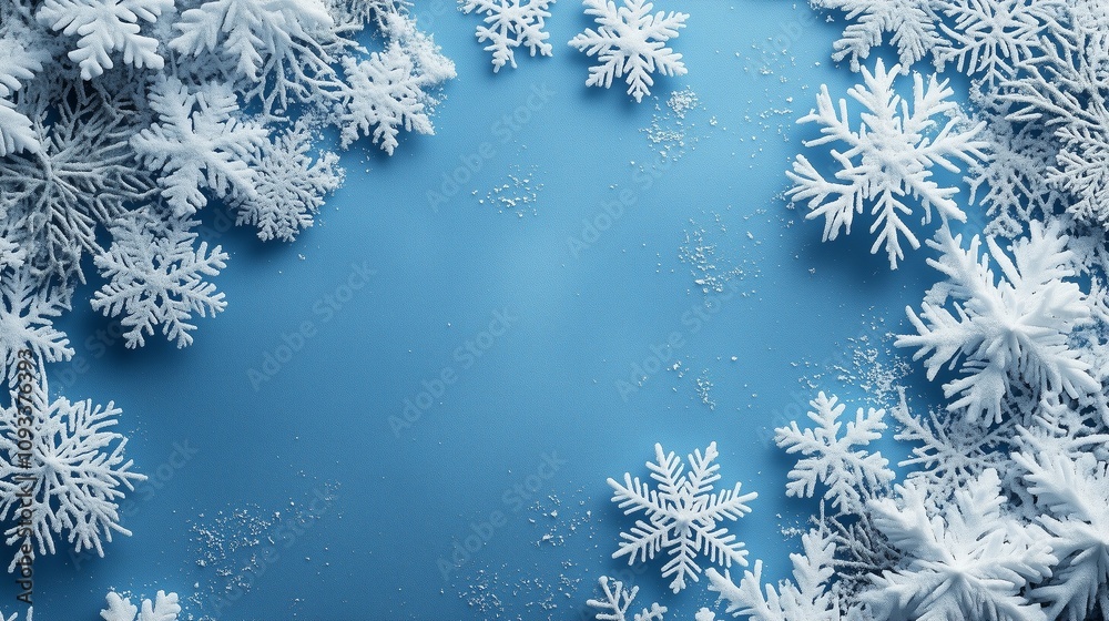 White 3D snowflakes arranged around a blank blue background, creating a wintery border for holiday themes White 3D snowflakes arranged around a blank blue background, creating a wintery border for holiday themes