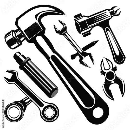 Tools wrenches, hammers silhouette vector illustration Isolated white background.