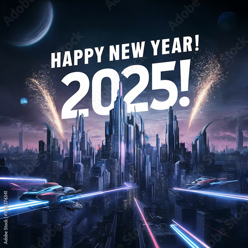 a poster for happy new year with a city skyline in the background.