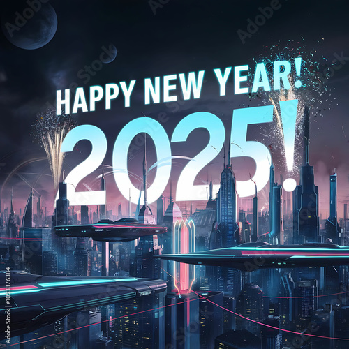 a poster with a fireworks and a city skyline in the background.