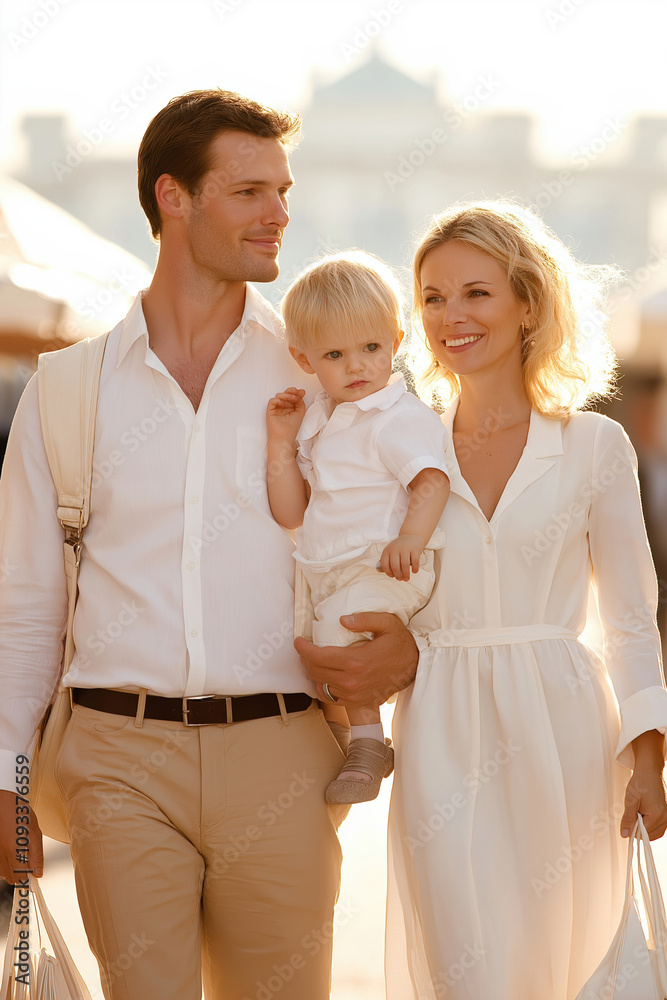 Couple walks together with their young child in a sunlit outdoor setting Couple walks together with their young child in a sunlit outdoor setting
