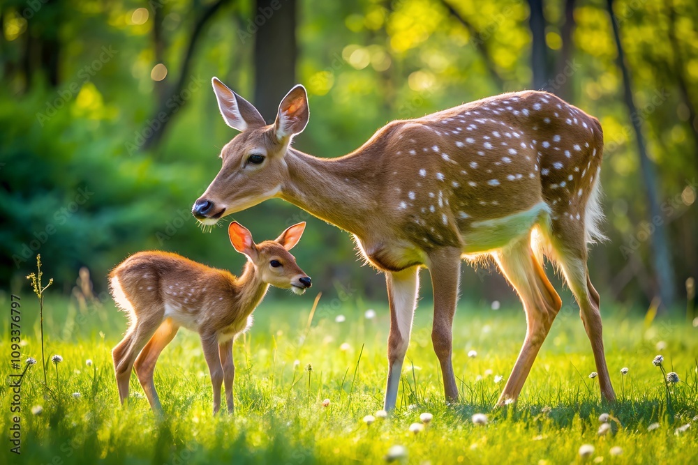 A young deer and its spotted fawn graze peacefully in a serene meadow, surrounded by nature. A young deer and its spotted fawn graze peacefully in a serene meadow, surrounded by nature.
