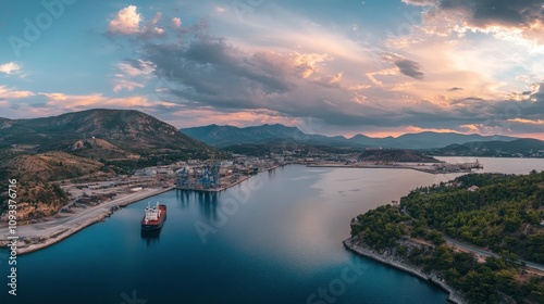 Aerial panoramic photo of industrial shipyard of Perama and Drapetsona cargo Terminal near Salamina island, Attica, Greece with generative ai photo