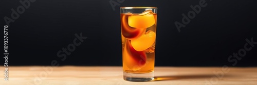 Brown and yellow liquids intermixed in a glass, brown liquid, tangy drink photo