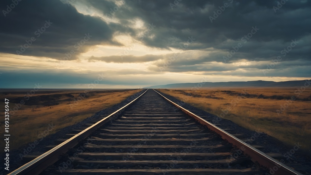 Railway Tracks Extend Into a Dramatic Sunset Over a Vast Landscape Railway Tracks Extend Into a Dramatic Sunset Over a Vast Landscape