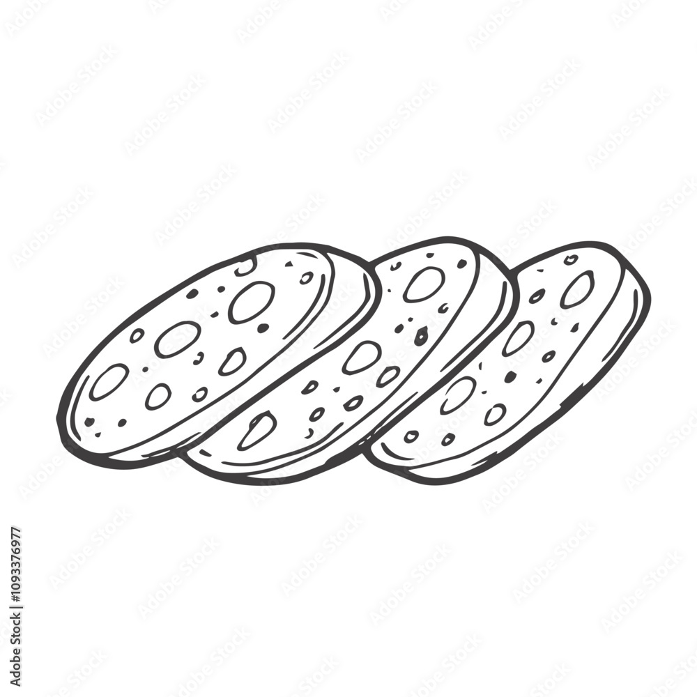 Sausage slices line icon. Hand drawn retro salami, mortadella or chorizo rings with meat and lard. Delicatessen food, butchers shop mascot, outline pile of sausage pieces icon vector illustration Sausage slices line icon. Hand drawn retro salami, mortadella or chorizo rings with meat and lard. Delicatessen food, butchers shop mascot, outline pile of sausage pieces icon vector illustration
