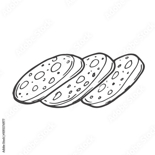 Sausage slices line icon. Hand drawn retro salami, mortadella or chorizo rings with meat and lard. Delicatessen food, butchers shop mascot, outline pile of sausage pieces icon vector illustration