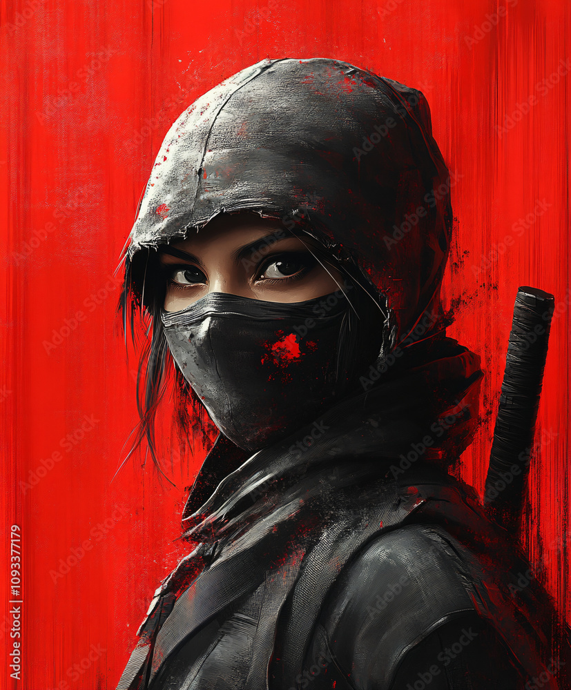 a stylized female ninja. She is wearing a dark grey/black hooded outfit, a black mask that covers her lower face, and has dark hair. A katana is visible at her side. The background is a solid, deep a stylized female ninja. She is wearing a dark grey/black hooded outfit, a black mask that covers her lower face, and has dark hair. A katana is visible at her side. The background is a solid, deep