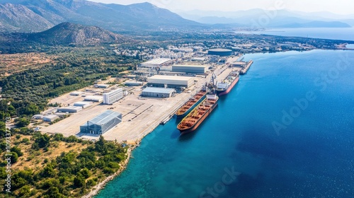 Aerial panoramic photo of industrial shipyard of Perama and Drapetsona cargo Terminal near Salamina island, Attica, Greece with generative ai photo