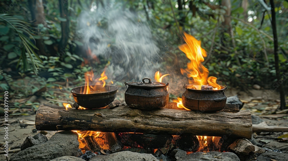 Three cooking pots on a log over an open fire in a lush, green forest setting. Three cooking pots on a log over an open fire in a lush, green forest setting.
