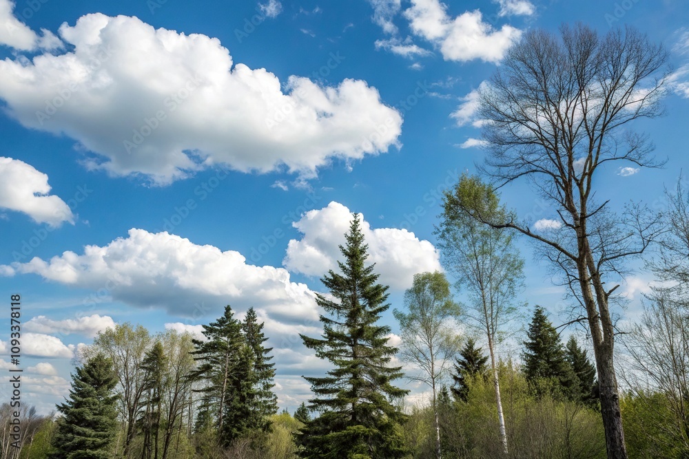Collection of trees isolated against a bright blue sky with fluffy white clouds, scenery, landscape, nature, trees Collection of trees isolated against a bright blue sky with fluffy white clouds, scenery, landscape, nature, trees