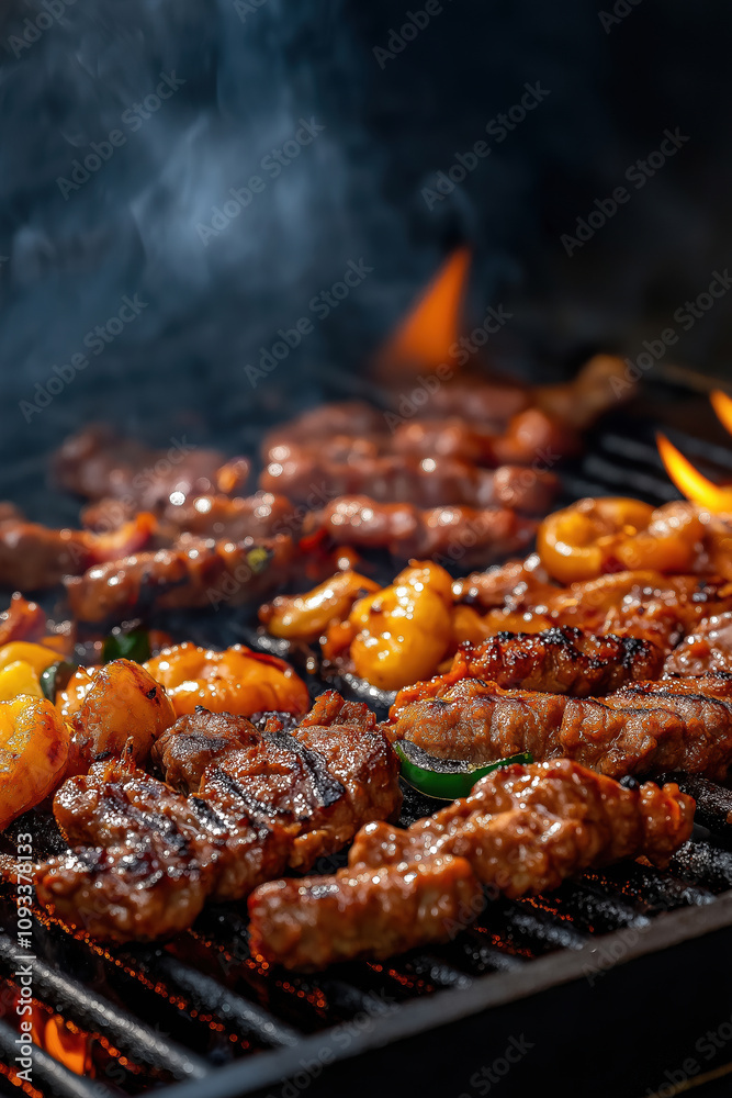 Grilling marinated meat and shrimp on barbecue at outdoor gathering in the evening Grilling marinated meat and shrimp on barbecue at outdoor gathering in the evening