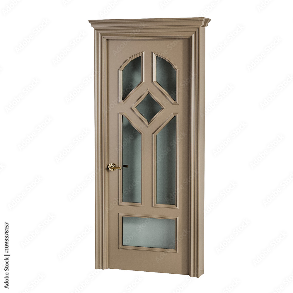 A door with a gold handle and a glass panel