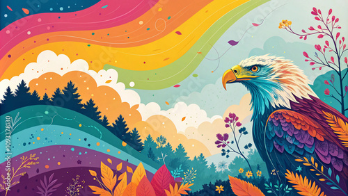 Majestic eagle and colourful rainbow background