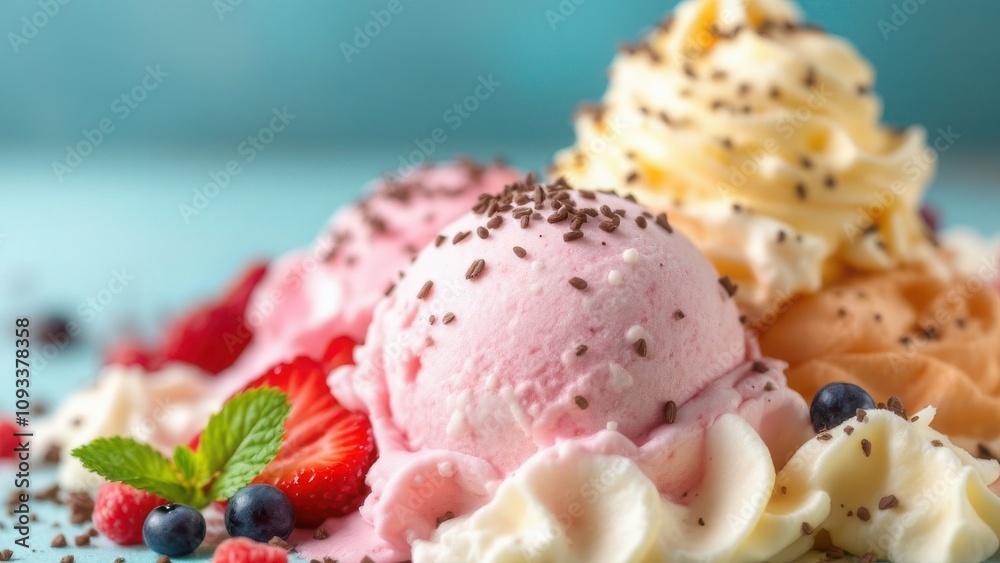 vibrant, creamy ice cream in various pastel colors, topped with fresh fruit, whipped cream, and chocolate sprinkles, served in a waffle cone vibrant, creamy ice cream in various pastel colors, topped with fresh fruit, whipped cream, and chocolate sprinkles, served in a waffle cone