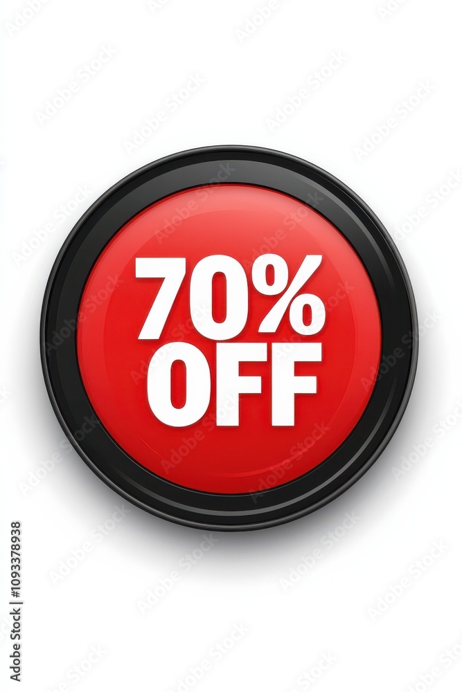 Round badge with 70% off text in bold white on a bright red background, surrounded by a black border, for promotional discount sales Round badge with 70% off text in bold white on a bright red background, surrounded by a black border, for promotional discount sales