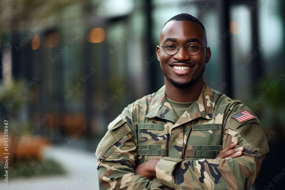 Portrait of soldier with smile, confidence and pride at army building, arms crossed and happy professional. Military career, security and courage, black man in camouflage uniform at, Generative AI Portrait of soldier with smile, confidence and pride at army building, arms crossed and happy professional. Military career, security and courage, black man in camouflage uniform at, Generative AI