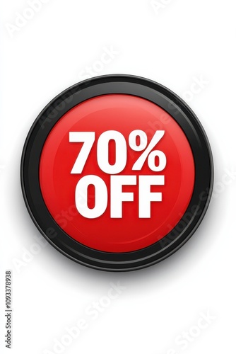 Round badge with 70% off text in bold white on a bright red background, surrounded by a black border, for promotional discount sales