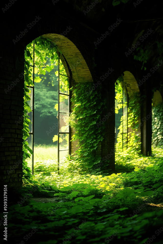 Sunlight streams through arches covered in vibrant green vines in an abandoned building Sunlight streams through arches covered in vibrant green vines in an abandoned building