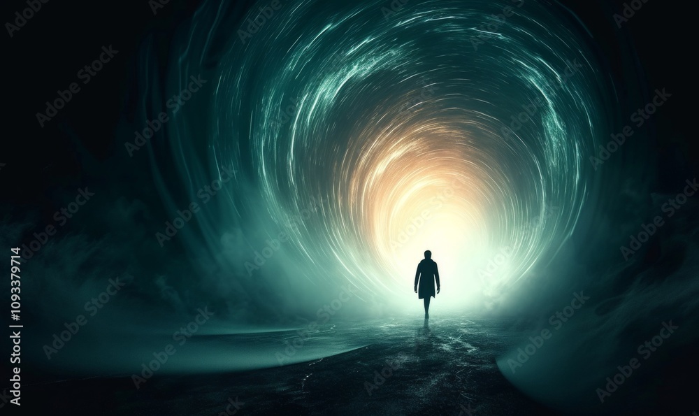 Staring into the abyss. Light at the end of the tunnel. Abstract silhouette background wallpaper, Generative AI Staring into the abyss. Light at the end of the tunnel. Abstract silhouette background wallpaper, Generative AI