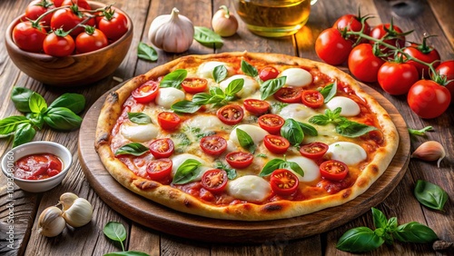 Mouthwatering Italian pizza, a bird's-eye drone shot.