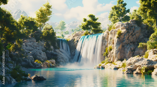 Majestic waterfall cascading into a serene lake, 3d illustration. Majestic Waterfall Oasis. Illustration