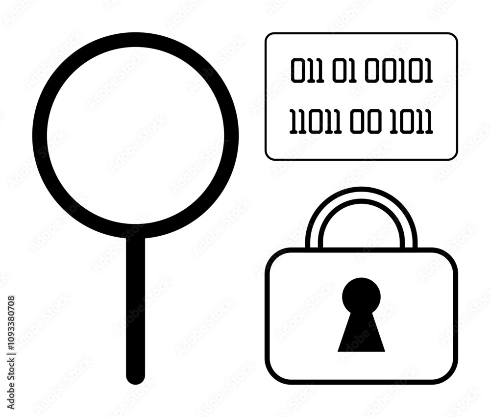 Magnifying glass, binary code, and lock symbolizing data analysis, cybersecurity, privacy, and encryption. Ideal for security, technology, IT coding data protection research and digital safety Magnifying glass, binary code, and lock symbolizing data analysis, cybersecurity, privacy, and encryption. Ideal for security, technology, IT coding data protection research and digital safety