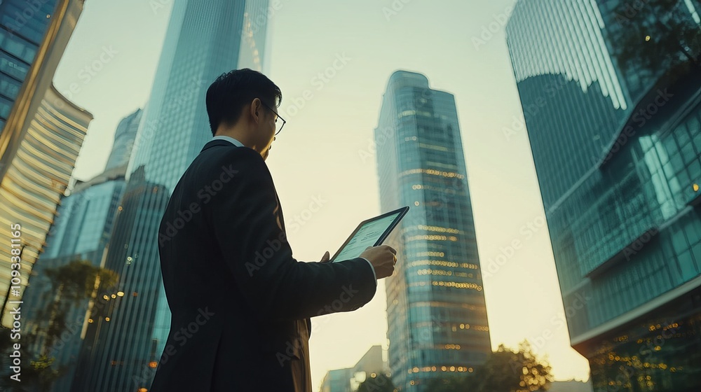 Digital marketing, data exchange, and global business converge in this image of a businessman using a digital tablet in a smart cityscape. It showcases the integration of technology Digital marketing, data exchange, and global business converge in this image of a businessman using a digital tablet in a smart cityscape. It showcases the integration of technology
