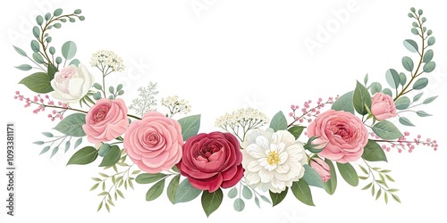 Elegant floral garland with roses peonies and baby's breath, classic design, peony, rose arrangement, romantic decoration