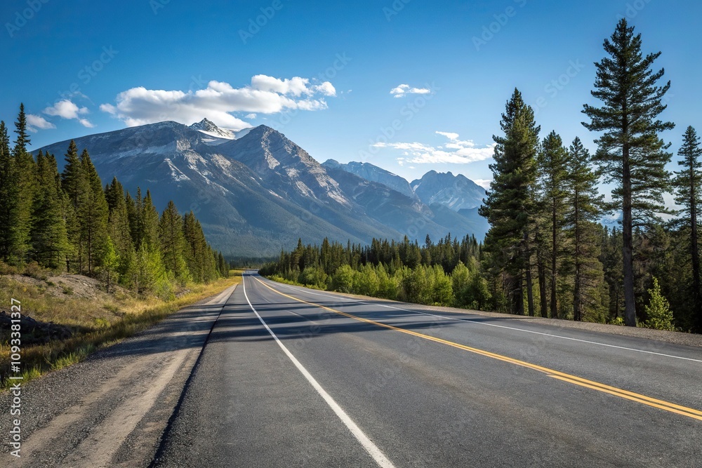 Empty stretch of asphalt road running parallel to a mountain range with a clear blue sky above and pine trees in the foreground, natural landscape, asphalt road, empty highway Empty stretch of asphalt road running parallel to a mountain range with a clear blue sky above and pine trees in the foreground, natural landscape, asphalt road, empty highway