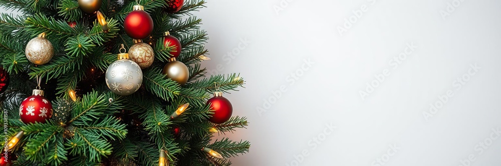 Fototapeta premium Evergreen Tree with Green Branches Decorated with Ornaments and Lights, pinecones, holiday decor, evergreen tree