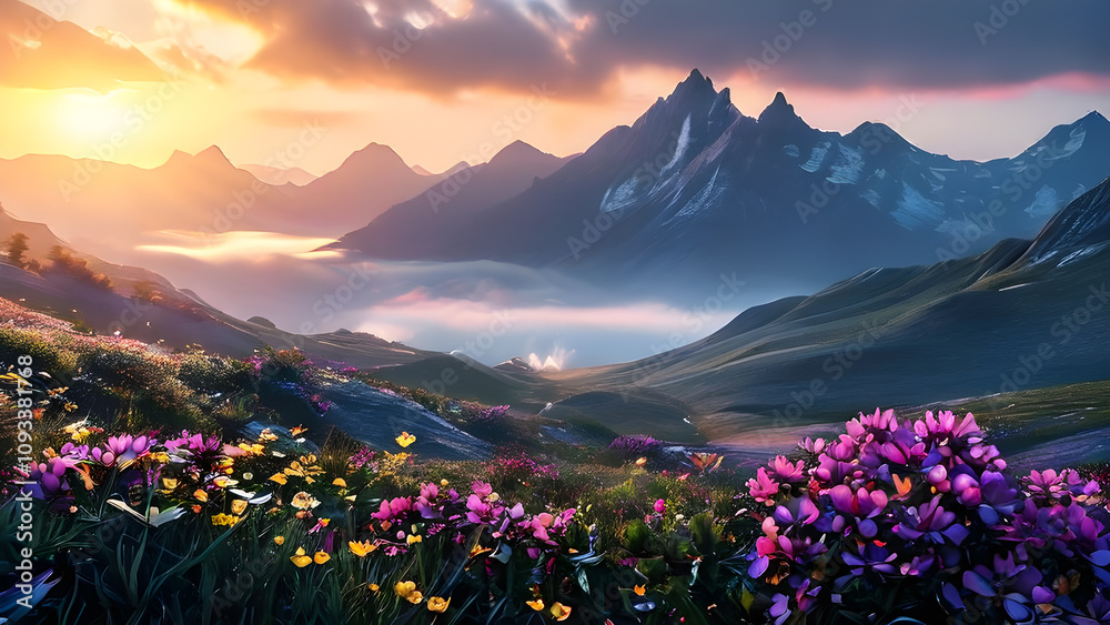 Mountain landscape with flowers and mountains at sunset. Beautiful natural scene. Mountain landscape with flowers and mountains at sunset. Beautiful natural scene.