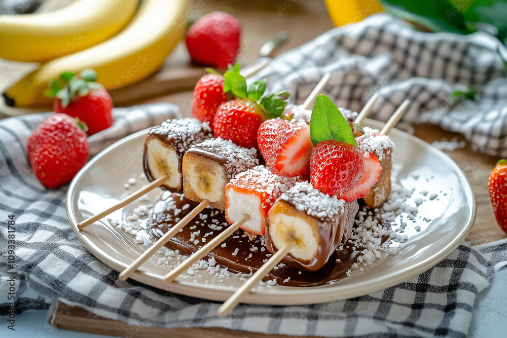 Lamington squares skewered with strawberries, banana slices, and marshmallows, drizzled with chocolate sauce and sprinkled with coconut. Casual picnic setting with gingham cloth and natural light. Lamington squares skewered with strawberries, banana slices, and marshmallows, drizzled with chocolate sauce and sprinkled with coconut. Casual picnic setting with gingham cloth and natural light.
