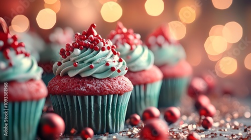 Rows of cupcakes with bright red and green toppers styled with tinsel and glowing warm holiday light