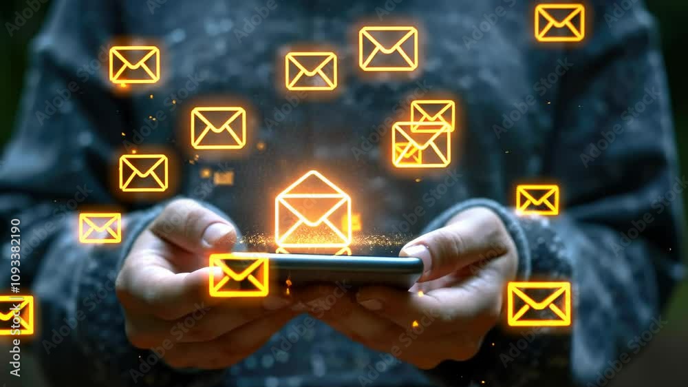 Messaging idea: depiction of envelopes representing SMS texts, email communication, and messenger chats, highlighting interconnected world of conversations and virtual interactions across platforms.