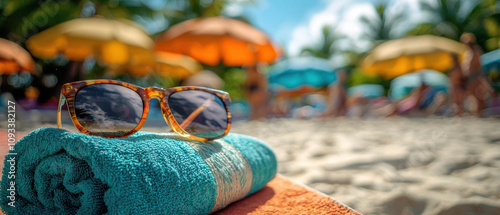 sunbed with rolled up towel and sunglasses, set against vibrant beach scene. colorful umbrellas and palm trees create relaxing atmosphere