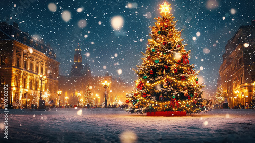 beautiful Christmas tree adorned with lights and ornaments in snowy setting, creating festive atmosphere