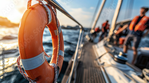 Close up photo of life preserver hanging on boat railing, with sunlight reflecting on water. scene captures sense of safety and adventure at sea