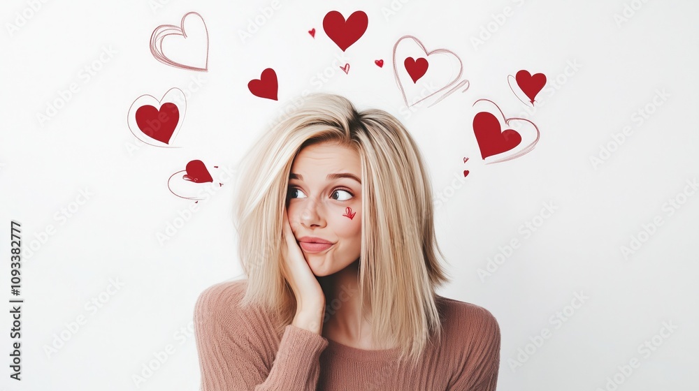 Photo portrait of beautiful blondy girl looking at camera, big cartoon drawn circles with hearts inside circles flying around her head Photo portrait of beautiful blondy girl looking at camera, big cartoon drawn circles with hearts inside circles flying around her head