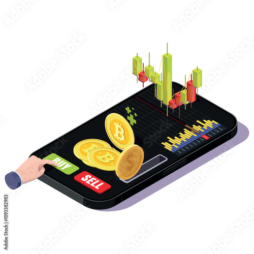 isometric online purchase Bitcoin through a mobile phone application. Vector illustration on a white background.