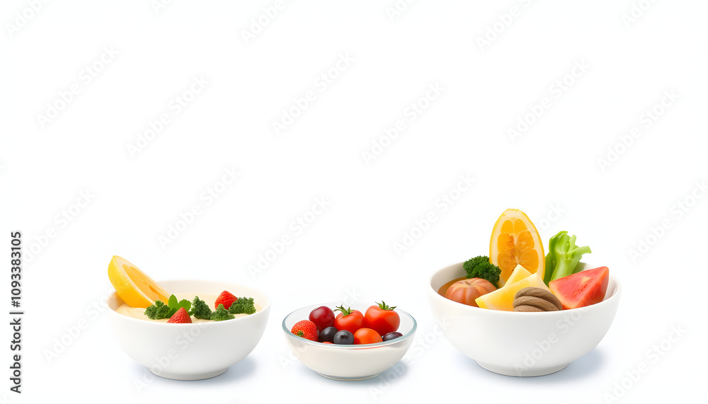 Bowls with healthy baby food on color background isolated with white highlights, png Bowls with healthy baby food on color background isolated with white highlights, png