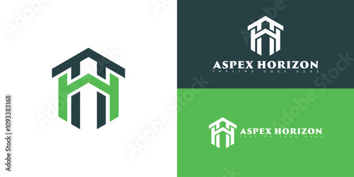 Modern initial hexagon vector letter AH or HA logo in green color isolated on multiple background colors. The logo is suitable for real estate investment fund logo design inspiration templates.