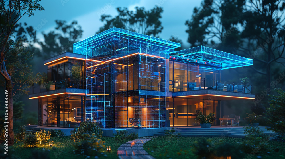 A smart home security system with AI-driven facial recognition, identifying and alerting household members of any unusual activity through a sleek home interface. A smart home security system with AI-driven facial recognition, identifying and alerting household members of any unusual activity through a sleek home interface.
