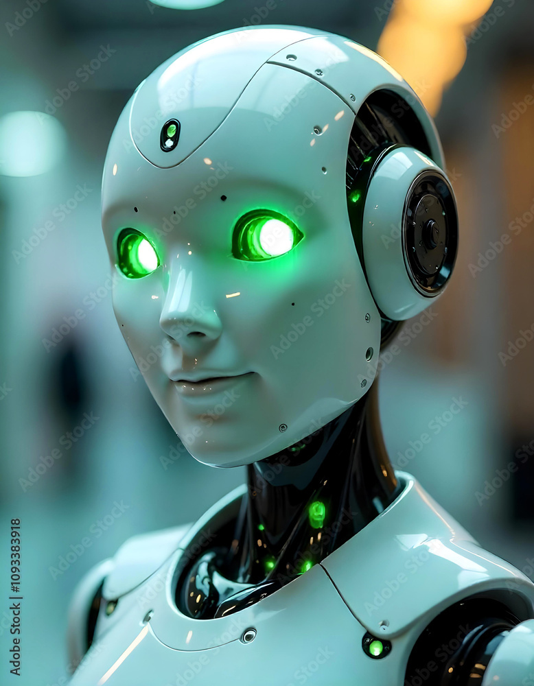 AI robot with green glowing eyes AI robot with green glowing eyes