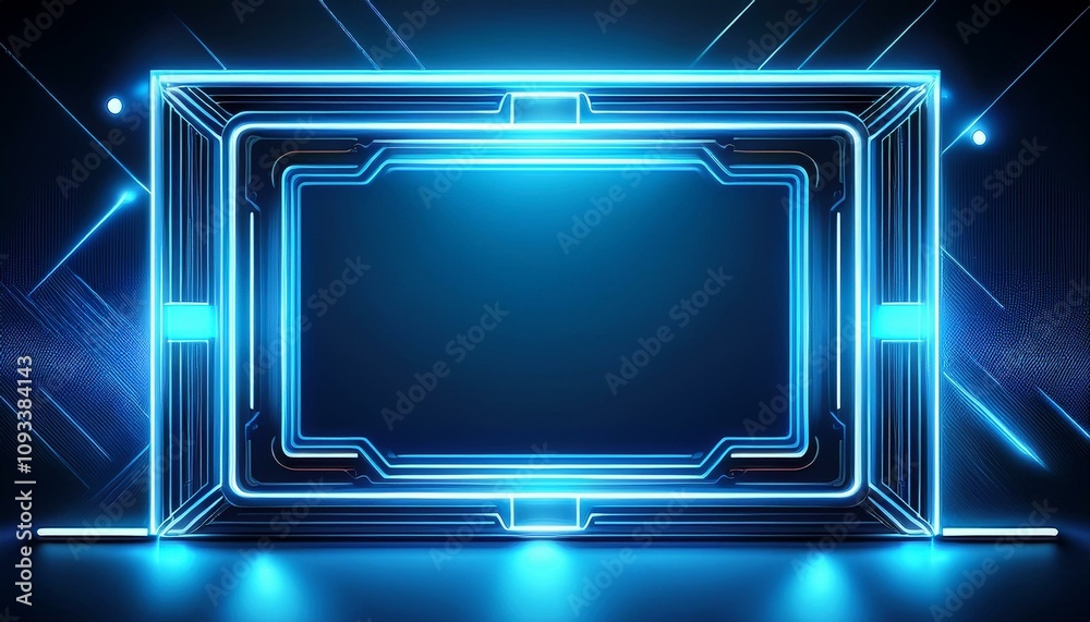 Futuristic blue neon frame, glowing brightly in the dark. Abstract tech background. Futuristic blue neon frame, glowing brightly in the dark. Abstract tech background.
